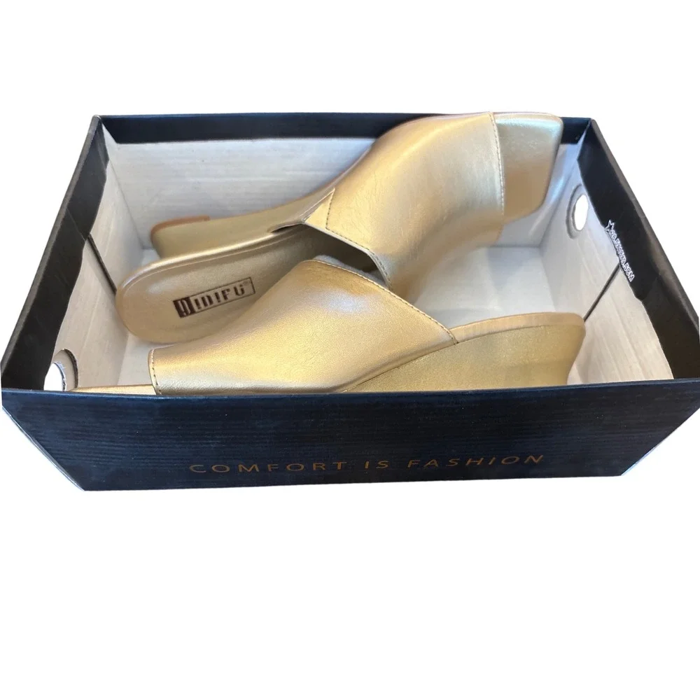 IDIFU Gold Metallic Square Toe Low Wedge Sandals Mules S2SNV24HTX HB Size 7.5